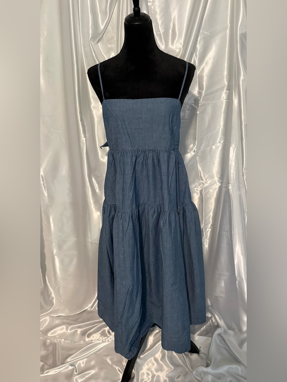 Women's Blue Tiered Midi Dress with Spaghetti Straps